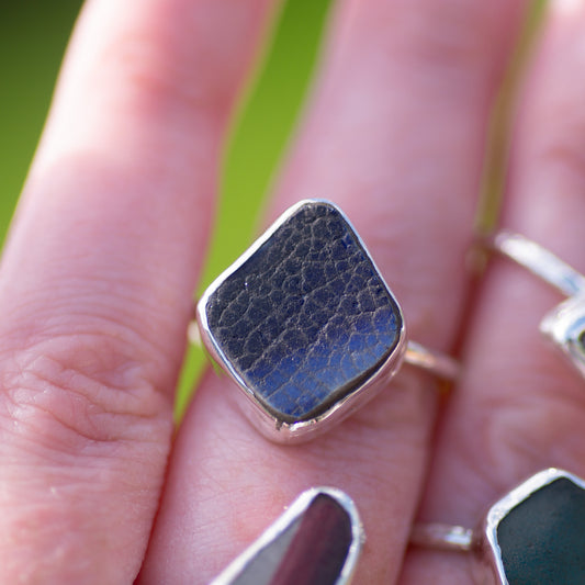 Blue Gradient Sea Pottery Sterling Silver Ring, Size T/10 (UK/US)