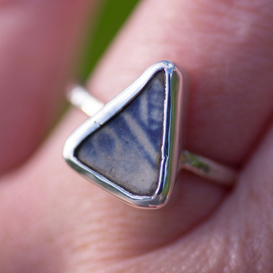 Blue and White Sea Pottery Sterling Silver Ring, Size P/8 (UK/US)