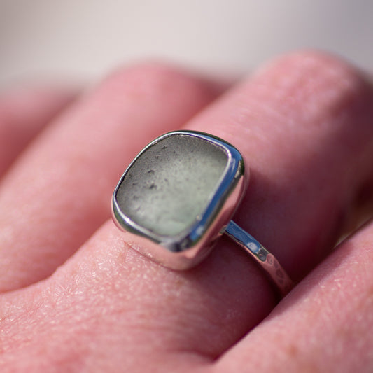 Grey Sea Glass Sterling Silver Ring, Size Q/8½ (UK/US)