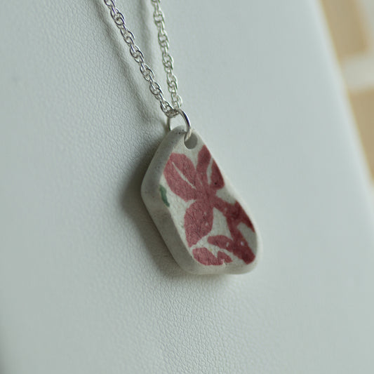 Red Floral Pottery Sherd Sterling Silver Necklace