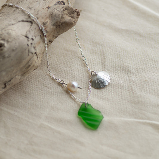 Green Sea Glass and Freshwater Pearl Sterling Silver Necklace