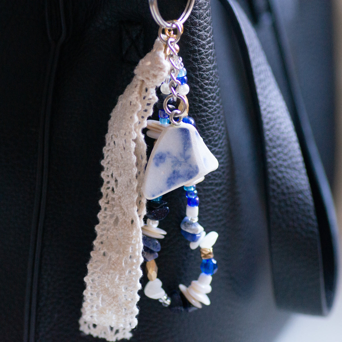 Blue Floral Pottery Bag Charm