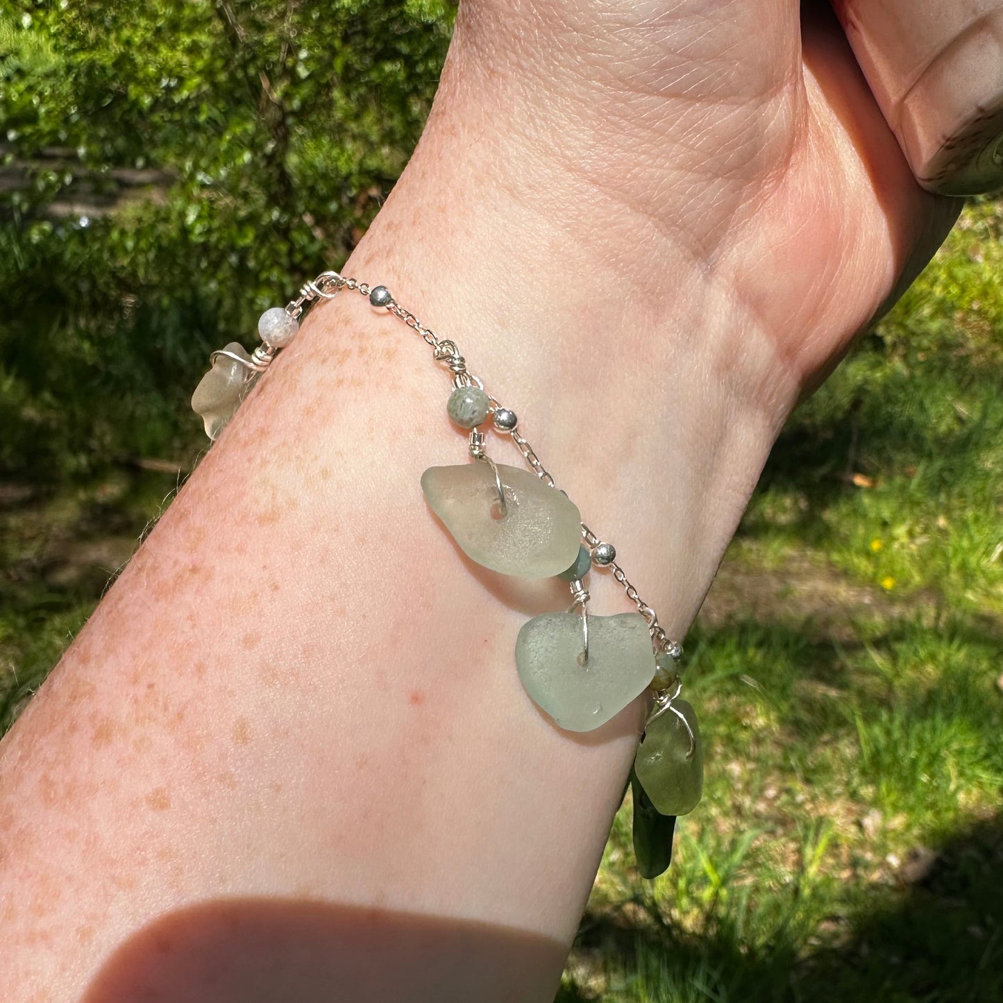 Sea Glass and Indian Agate Charm Bracelet