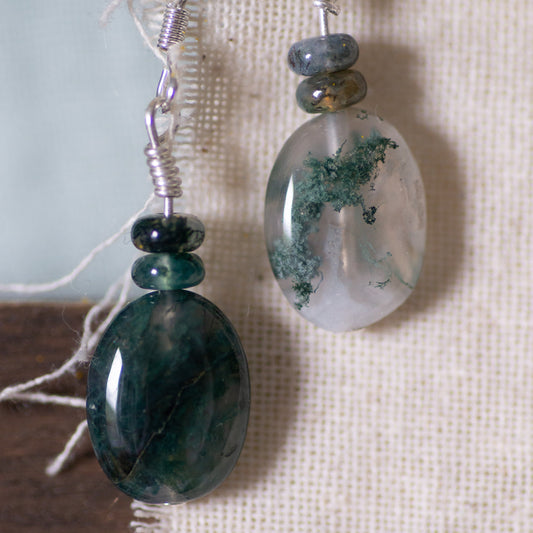 Moss Agate Sterling Silver Drop Earrings