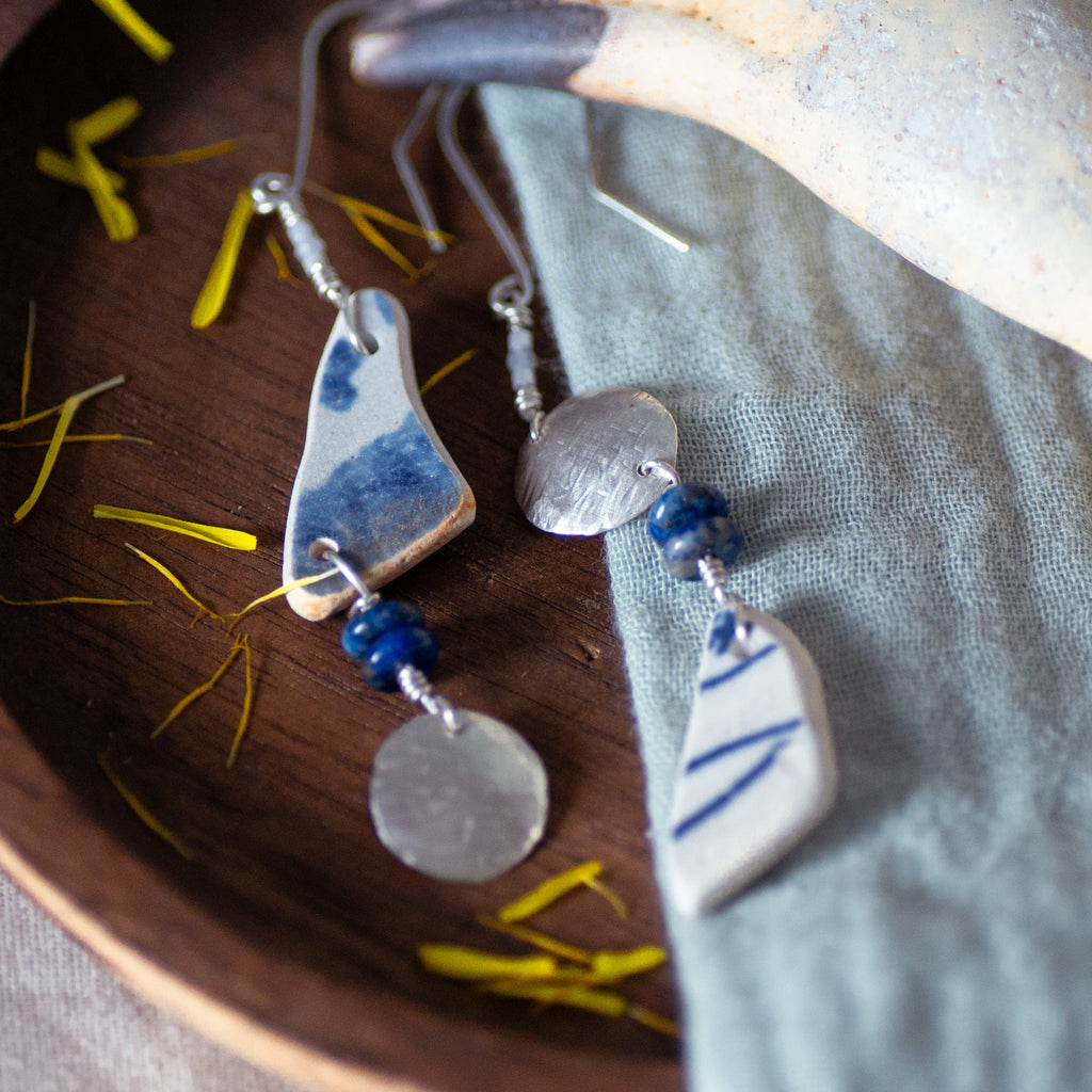 Sea Tumbled Pottery Dangle Earrings