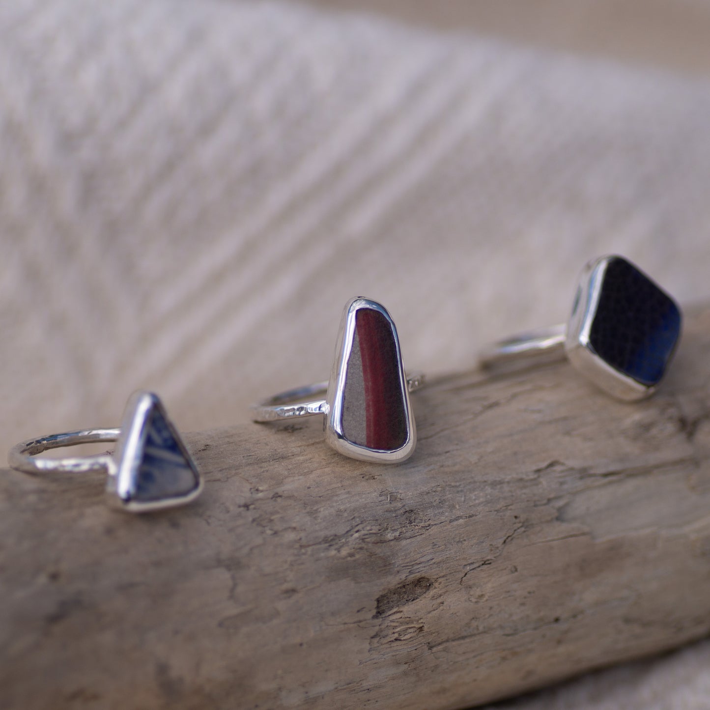 Blue and White Sea Pottery Sterling Silver Ring, Size P/8 (UK/US)