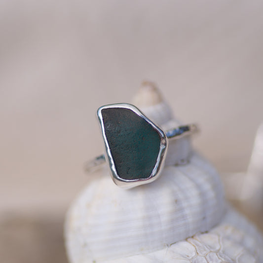 Aqua Sea Glass Sterling Silver Ring, Size O/7½ (UK/US)