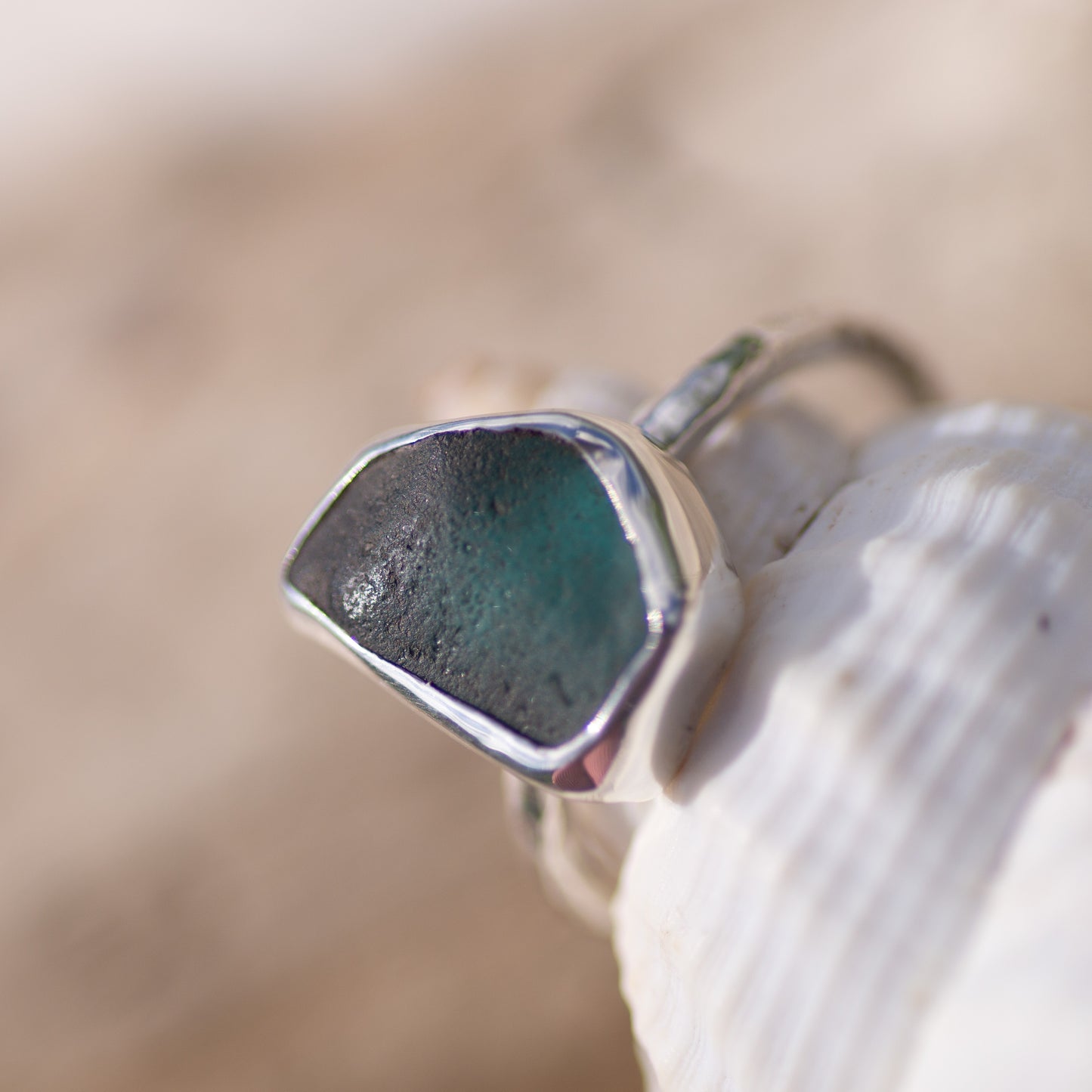Aqua Sea Glass Sterling Silver Ring, Size O/7½ (UK/US)