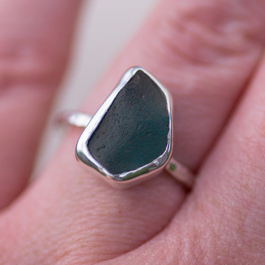 Aqua Sea Glass Sterling Silver Ring, Size O/7½ (UK/US)