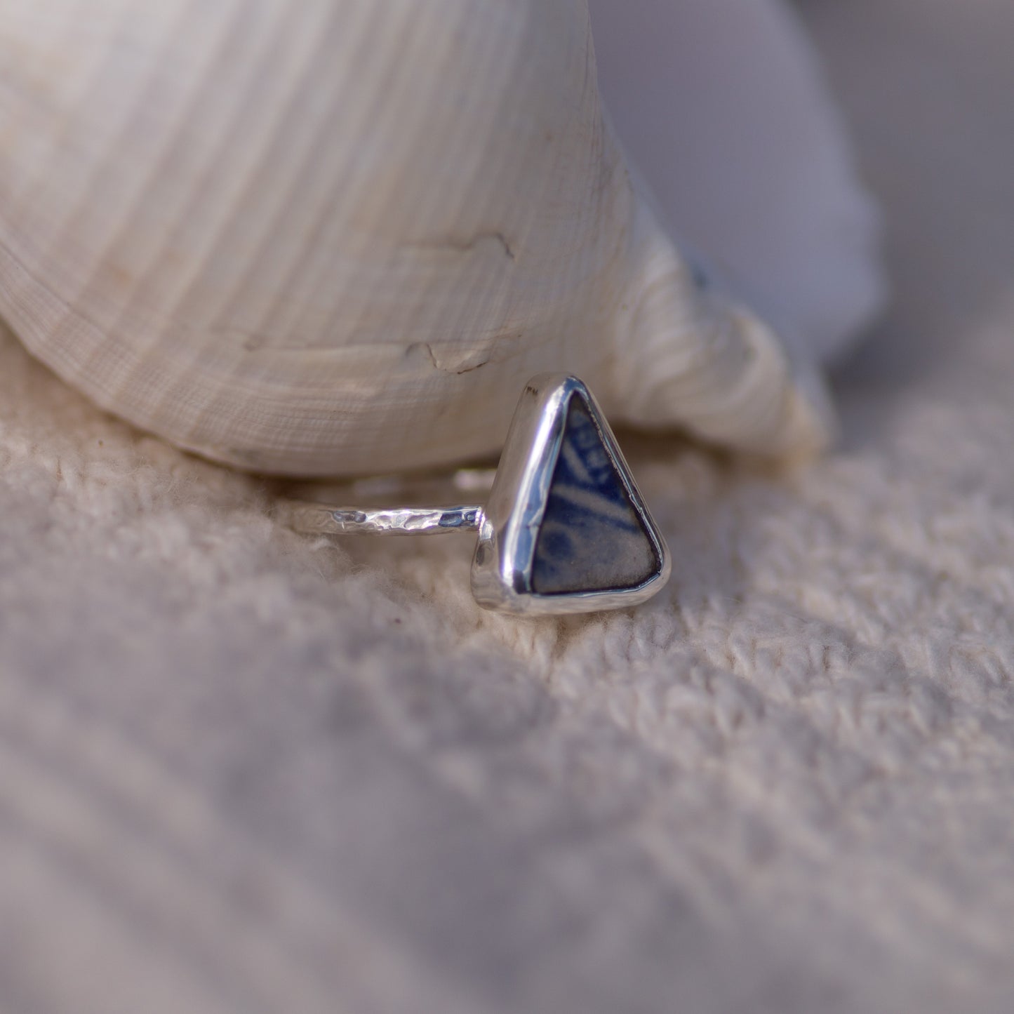 Blue and White Sea Pottery Sterling Silver Ring, Size P/8 (UK/US)