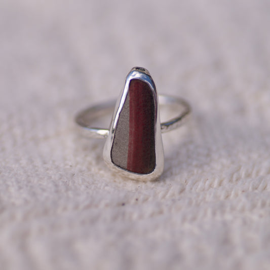 Stripey Red and White Sea Pottery Sterling Silver Ring, Size S/9½ (UK/US)