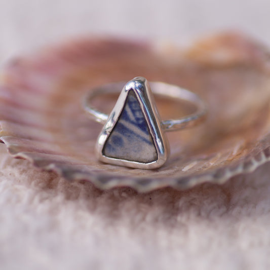 Blue and White Sea Pottery Sterling Silver Ring, Size P/8 (UK/US)
