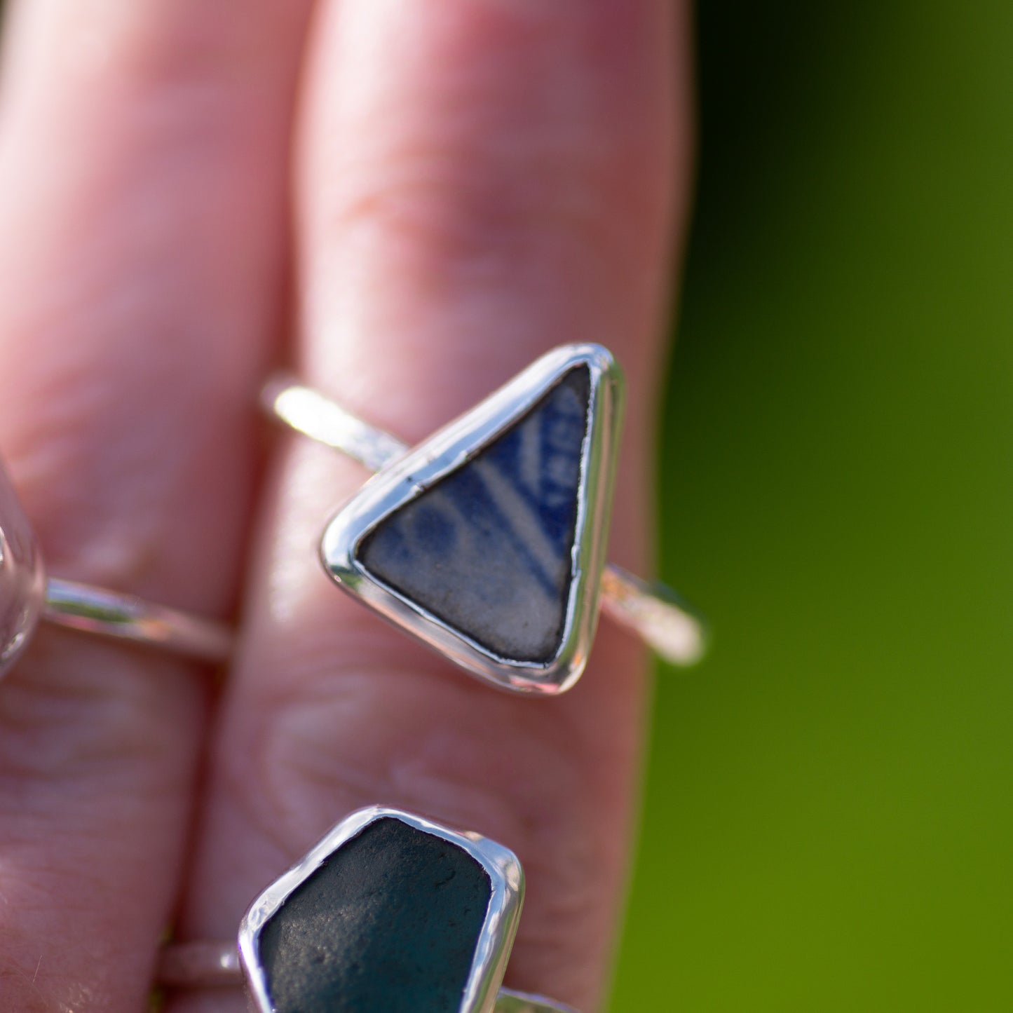 Blue and White Sea Pottery Sterling Silver Ring, Size P/8 (UK/US)