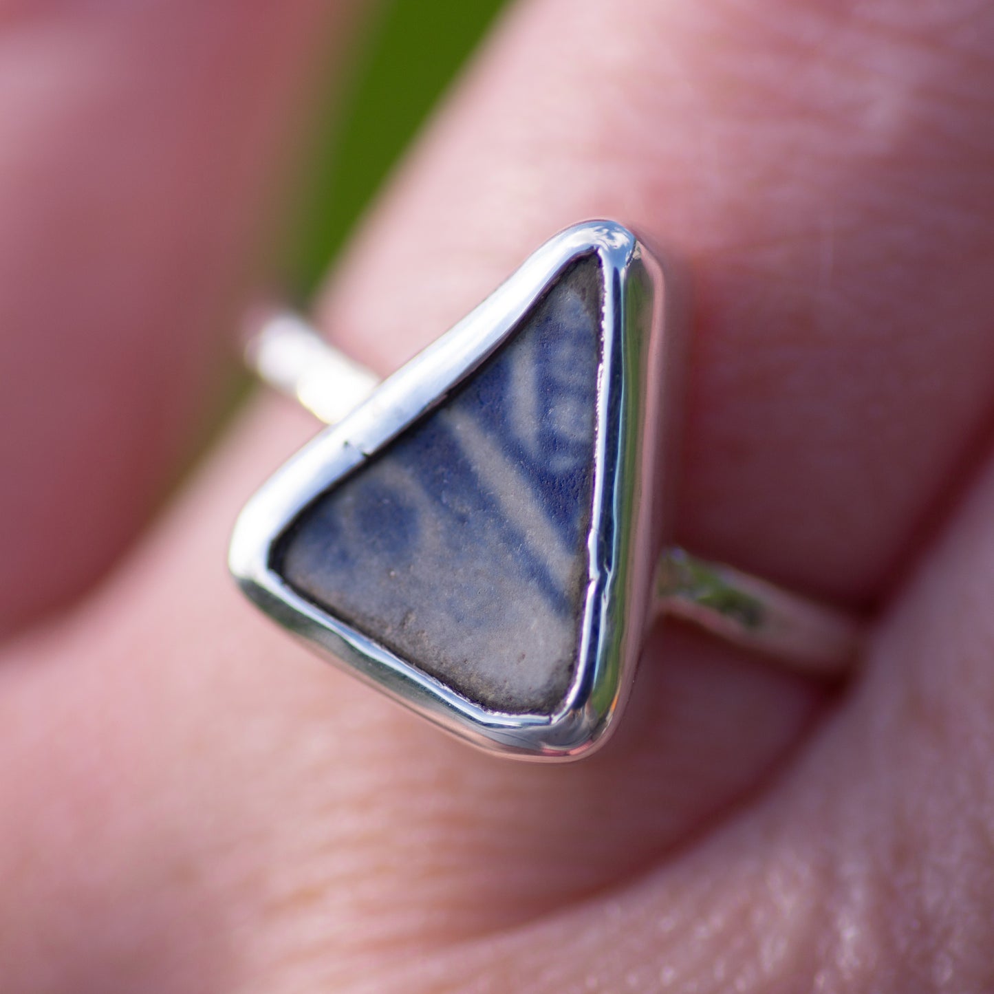 Blue and White Sea Pottery Sterling Silver Ring, Size P/8 (UK/US)