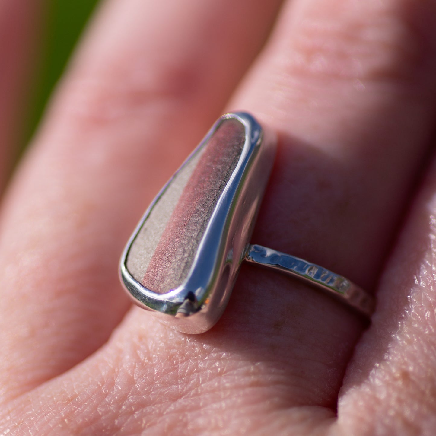 Stripey Red and White Sea Pottery Sterling Silver Ring, Size S/9½ (UK/US)