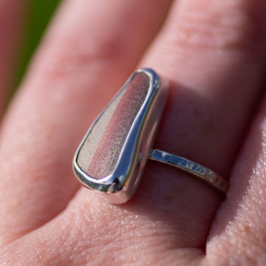 Stripey Red and White Sea Pottery Sterling Silver Ring, Size S/9½ (UK/US)