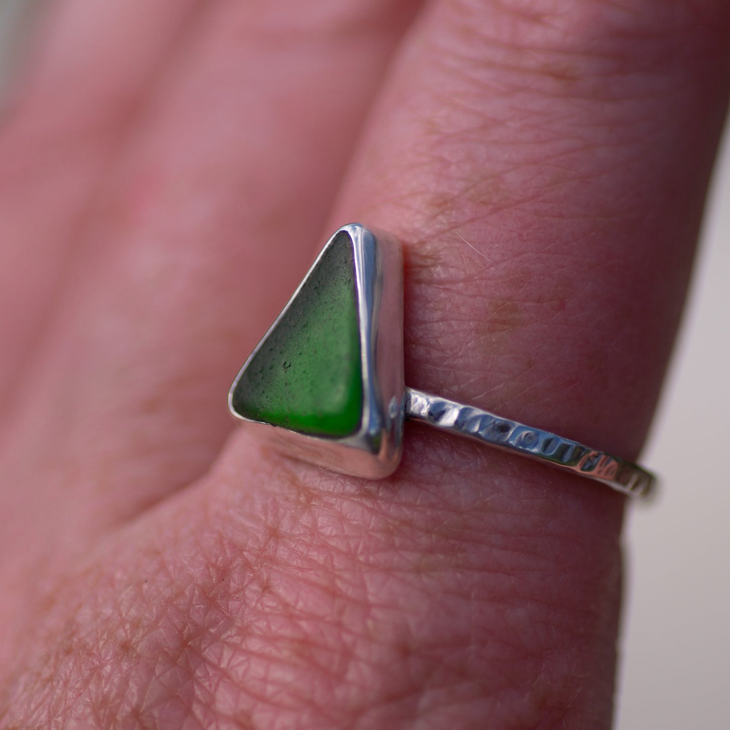 Green Sea Glass Sterling Silver Ring, Size S/9½ (UK/US)