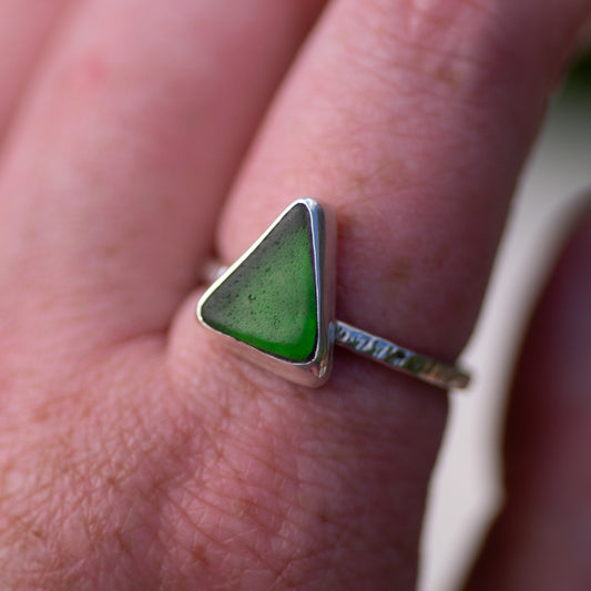 Green Sea Glass Sterling Silver Ring, Size S/9½ (UK/US)