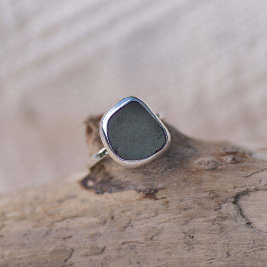 Grey Sea Glass Sterling Silver Ring, Size Q/8½ (UK/US)