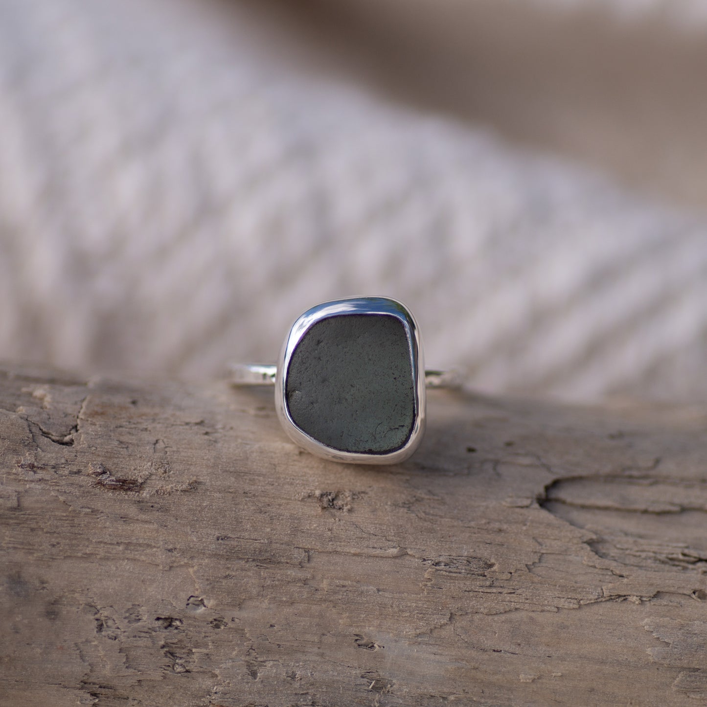 Grey Sea Glass Sterling Silver Ring, Size Q/8½ (UK/US)