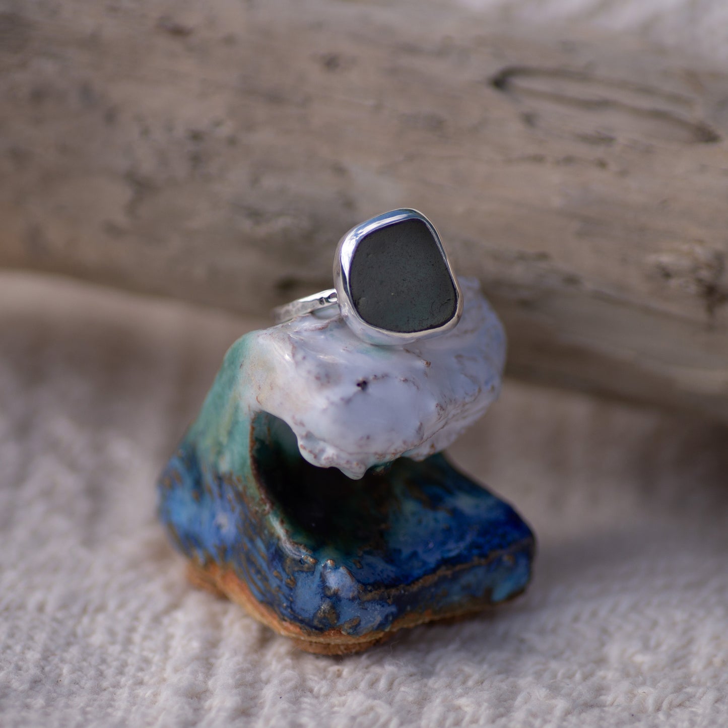 Grey Sea Glass Sterling Silver Ring, Size Q/8½ (UK/US)
