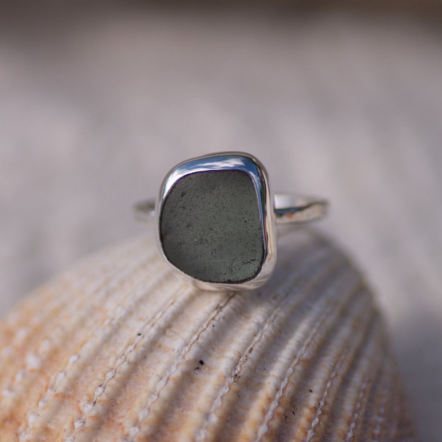 Grey Sea Glass Sterling Silver Ring, Size Q/8½ (UK/US)