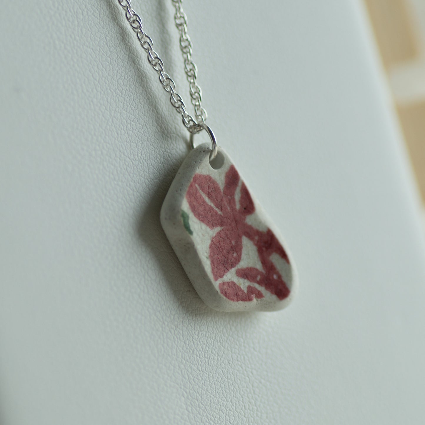 Red Floral Pottery Sherd Sterling Silver Necklace