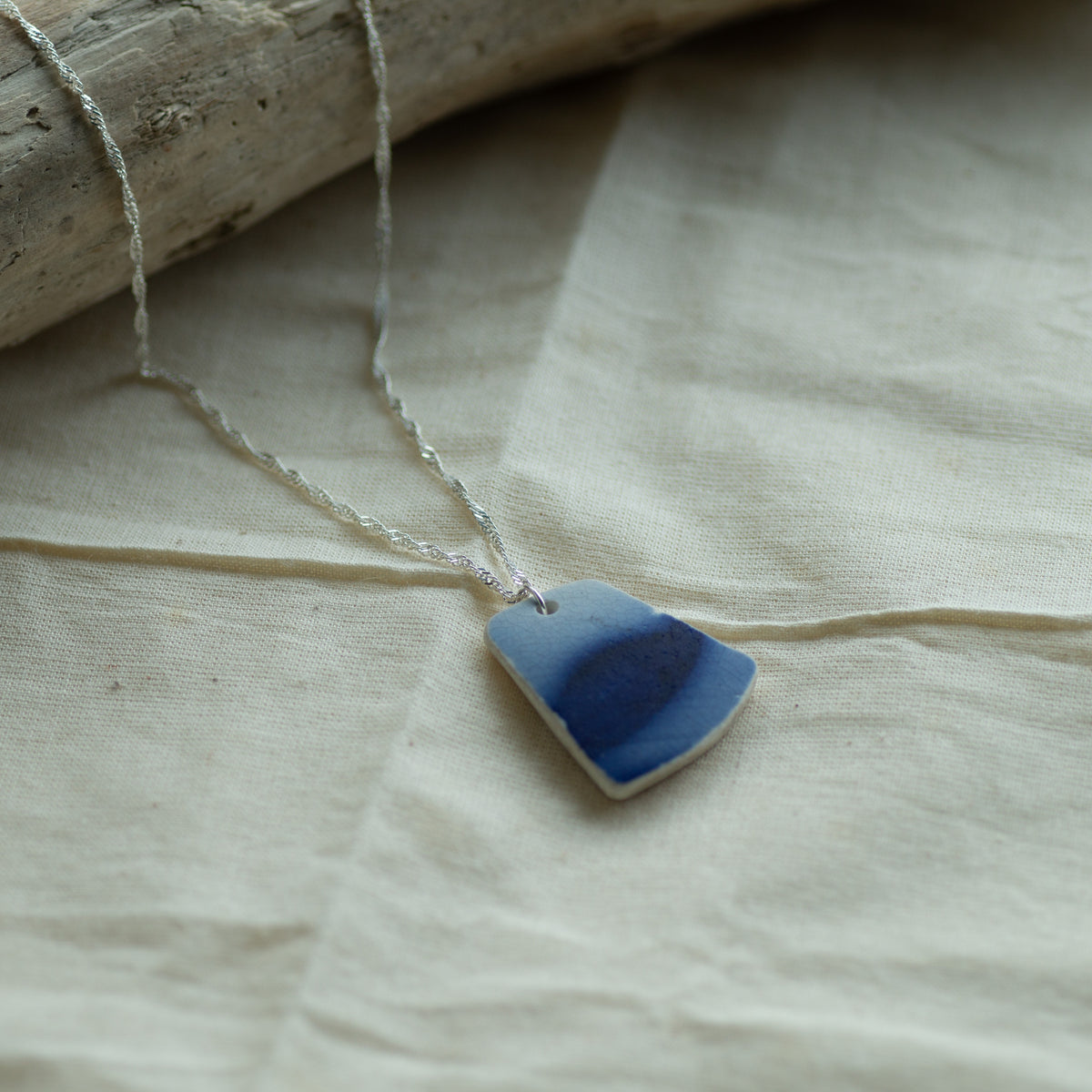 Blue Gradient Pottery Sherd Sterling Silver Necklace