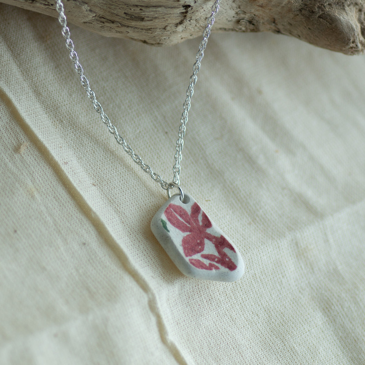 Red Floral Pottery Sherd Sterling Silver Necklace