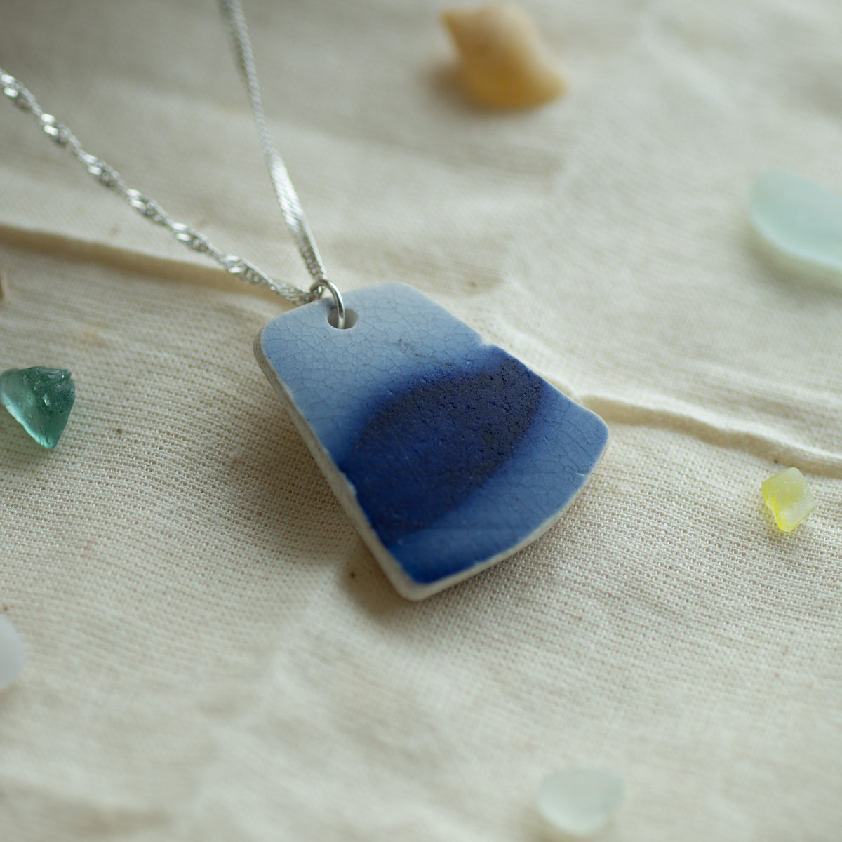 Blue Gradient Pottery Sherd Sterling Silver Necklace