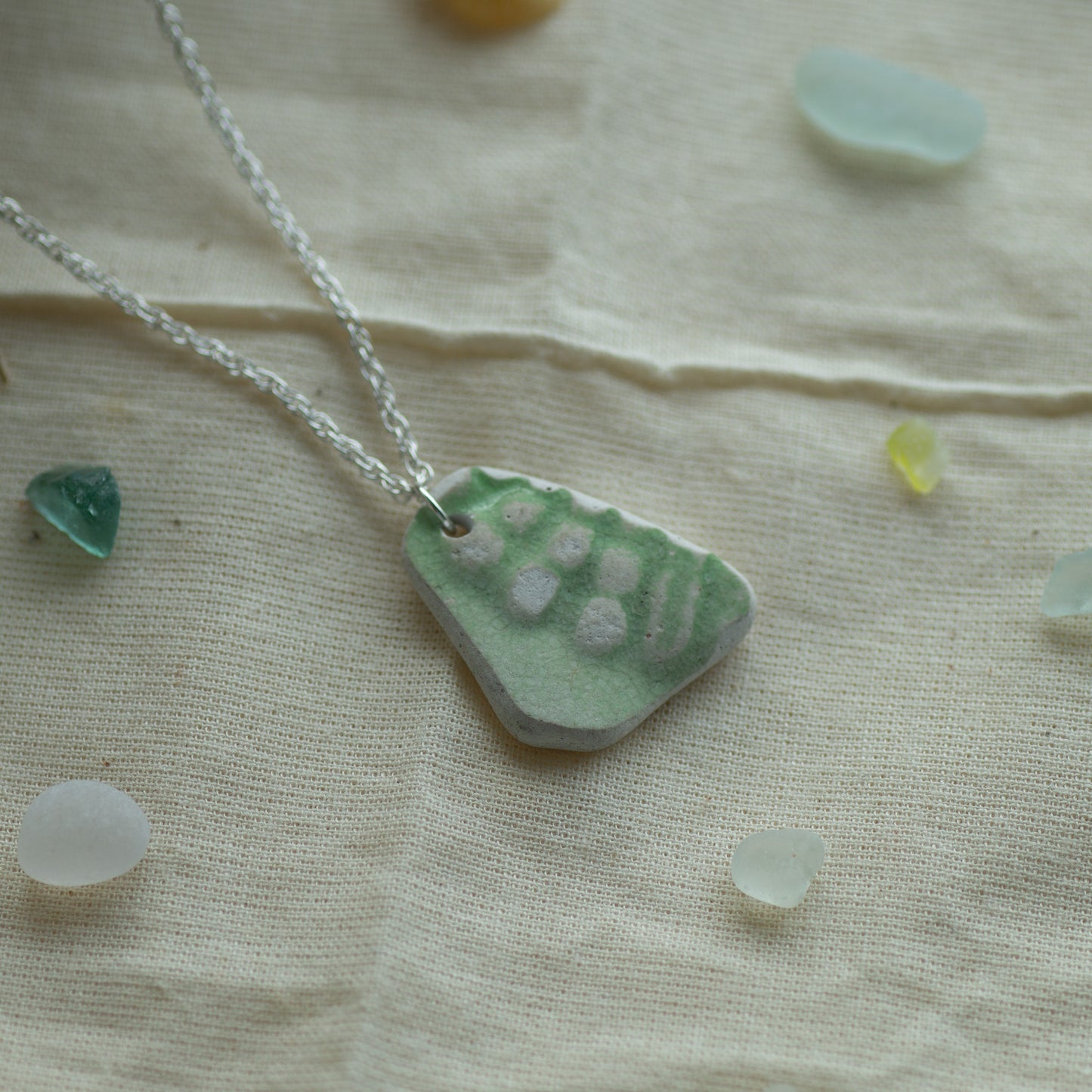 Green Pottery Sherd Sterling Silver Necklace