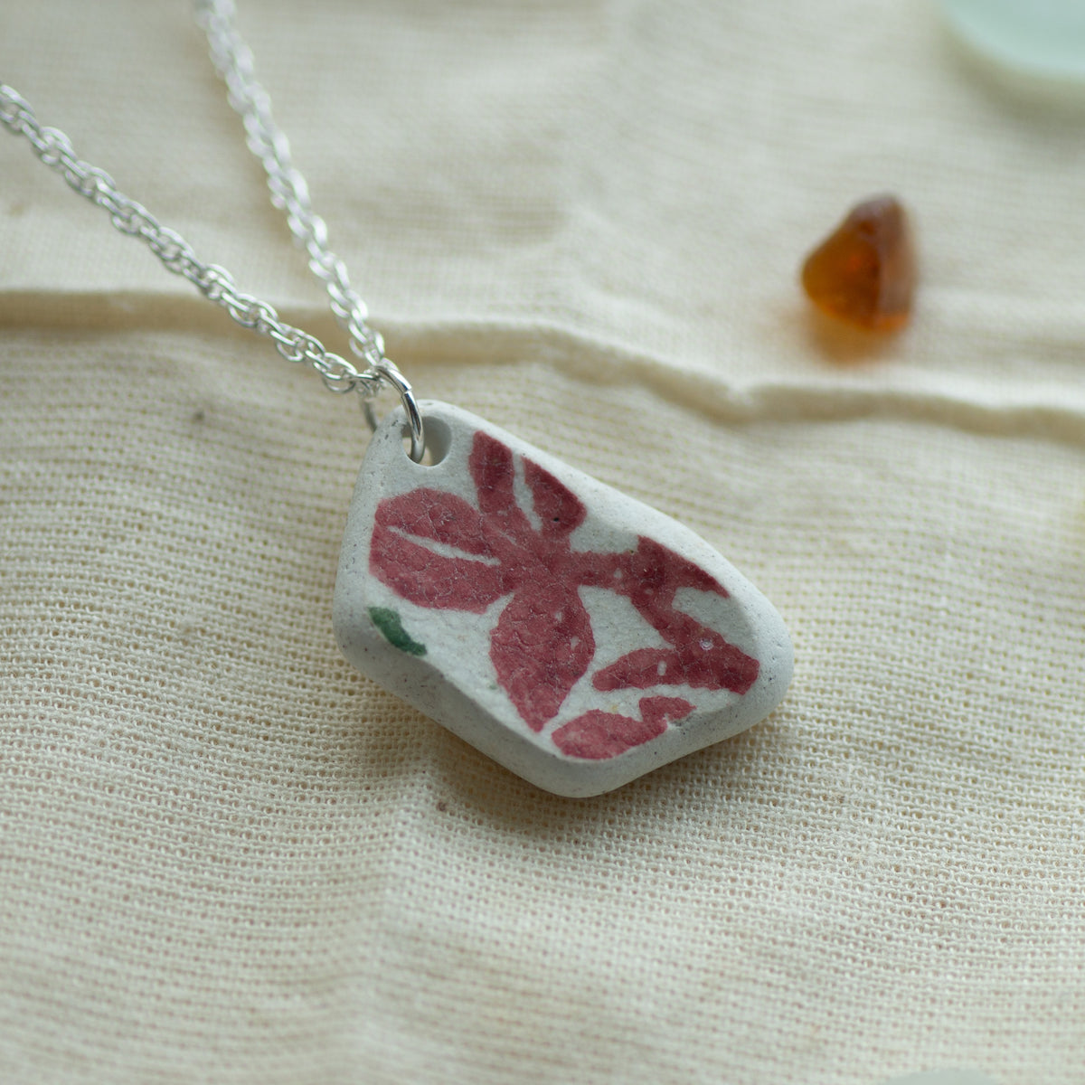 Red Floral Pottery Sherd Sterling Silver Necklace
