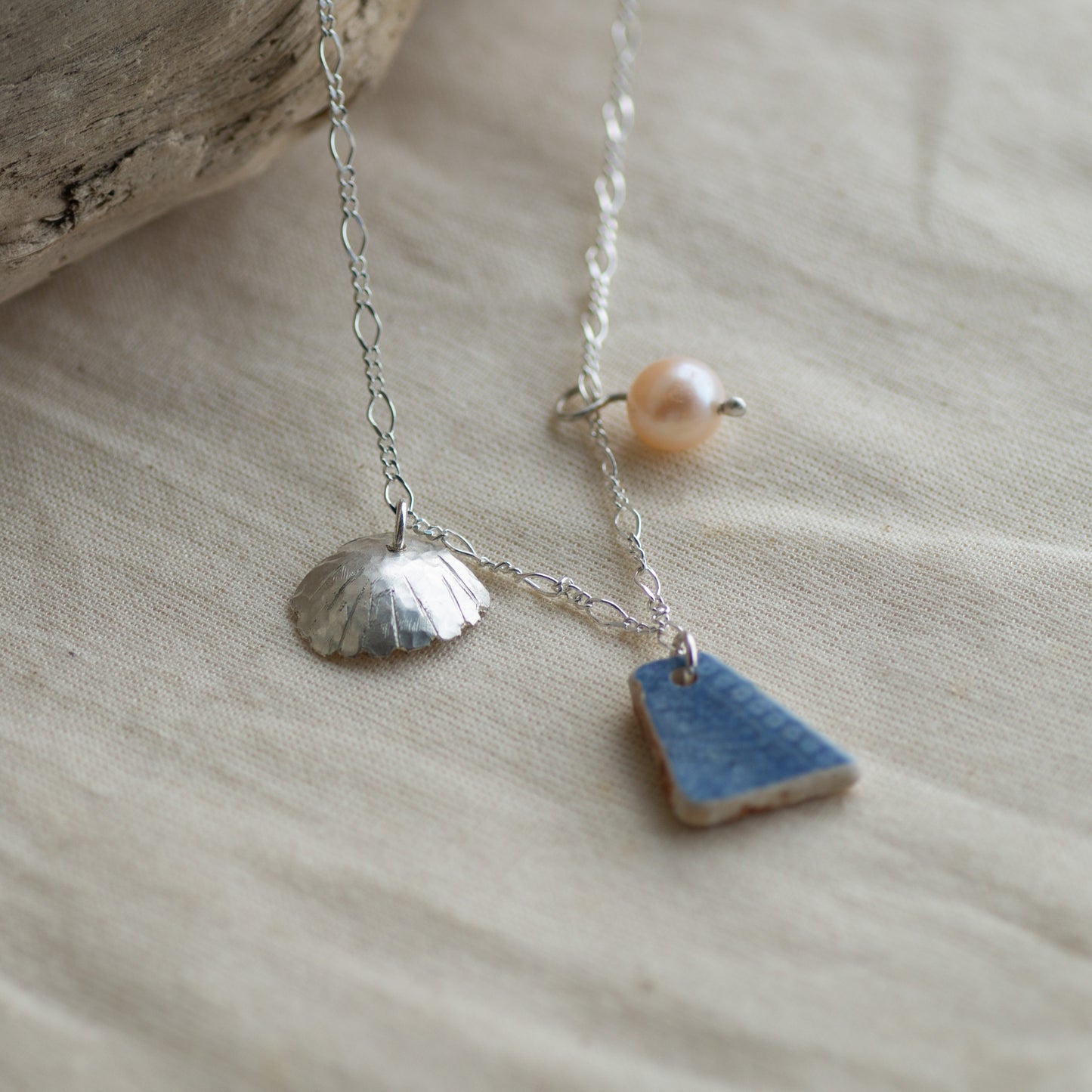 Blue Willow Pottery and Freshwater Pearl Sterling Silver Necklace