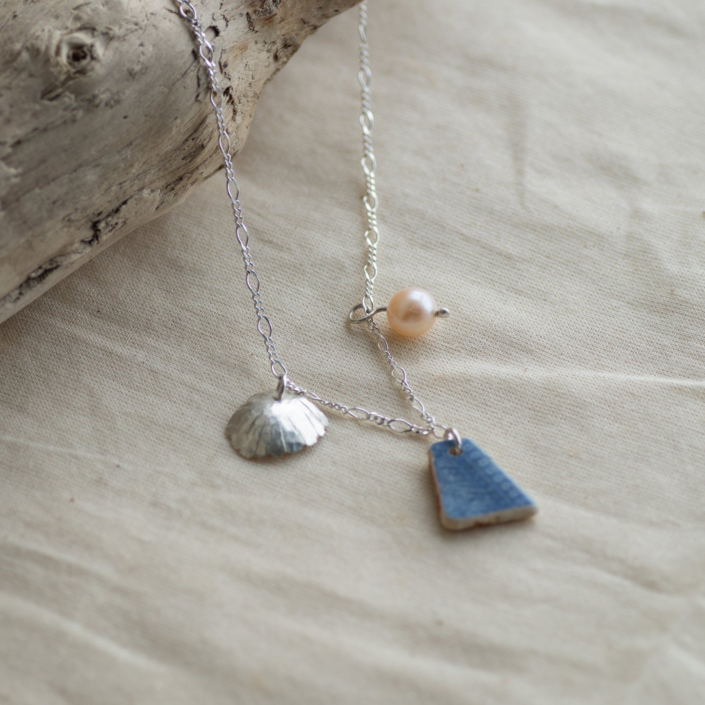Blue Willow Pottery and Freshwater Pearl Sterling Silver Necklace