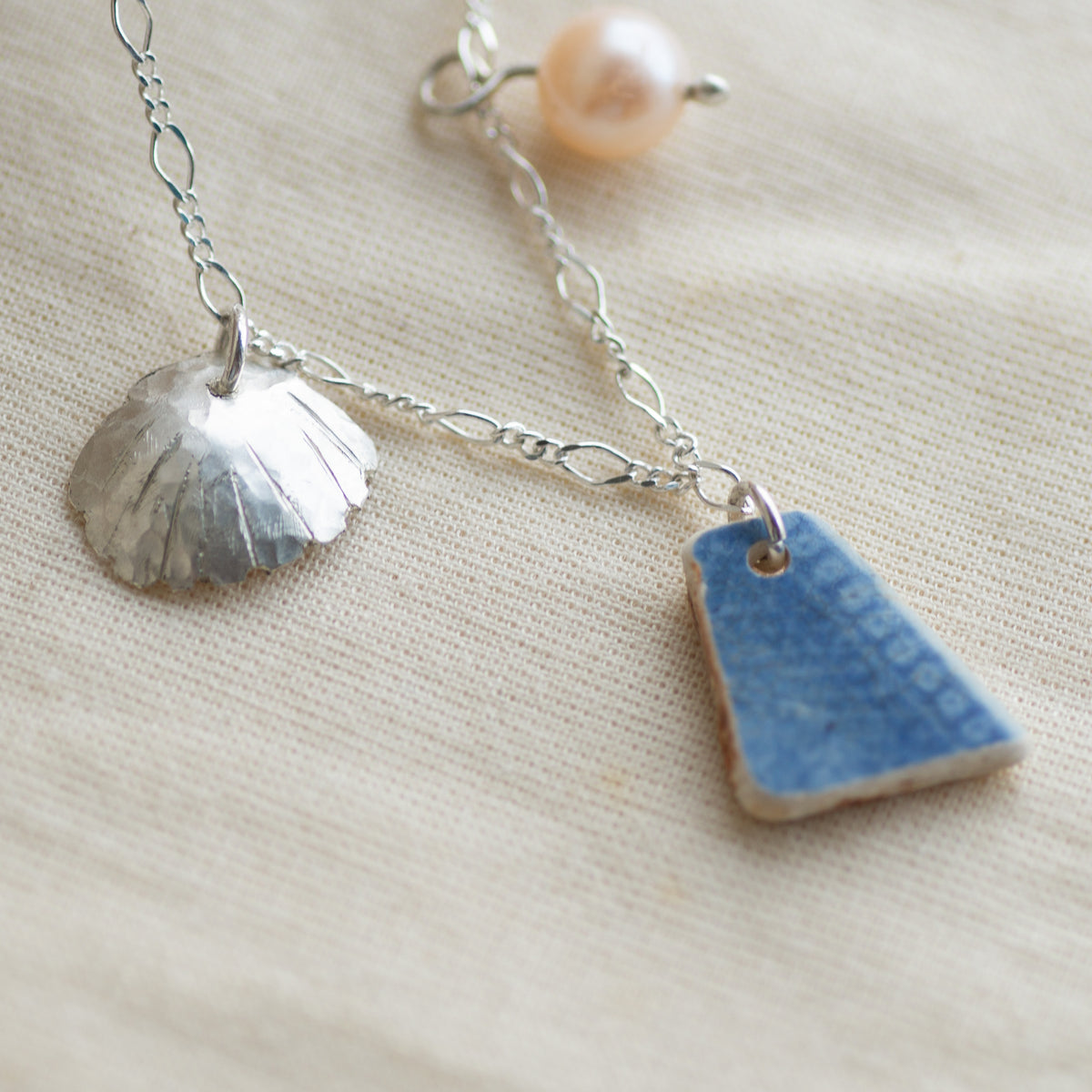 Blue Willow Pottery and Freshwater Pearl Sterling Silver Necklace
