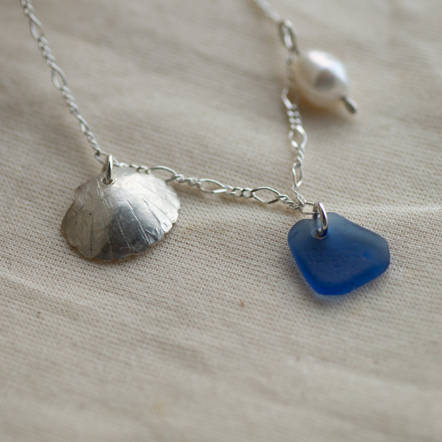 Blue Sea Glass and Freshwater Pearl Sterling Silver Necklace