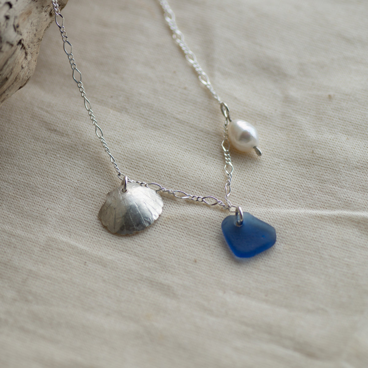 Blue Sea Glass and Freshwater Pearl Sterling Silver Necklace