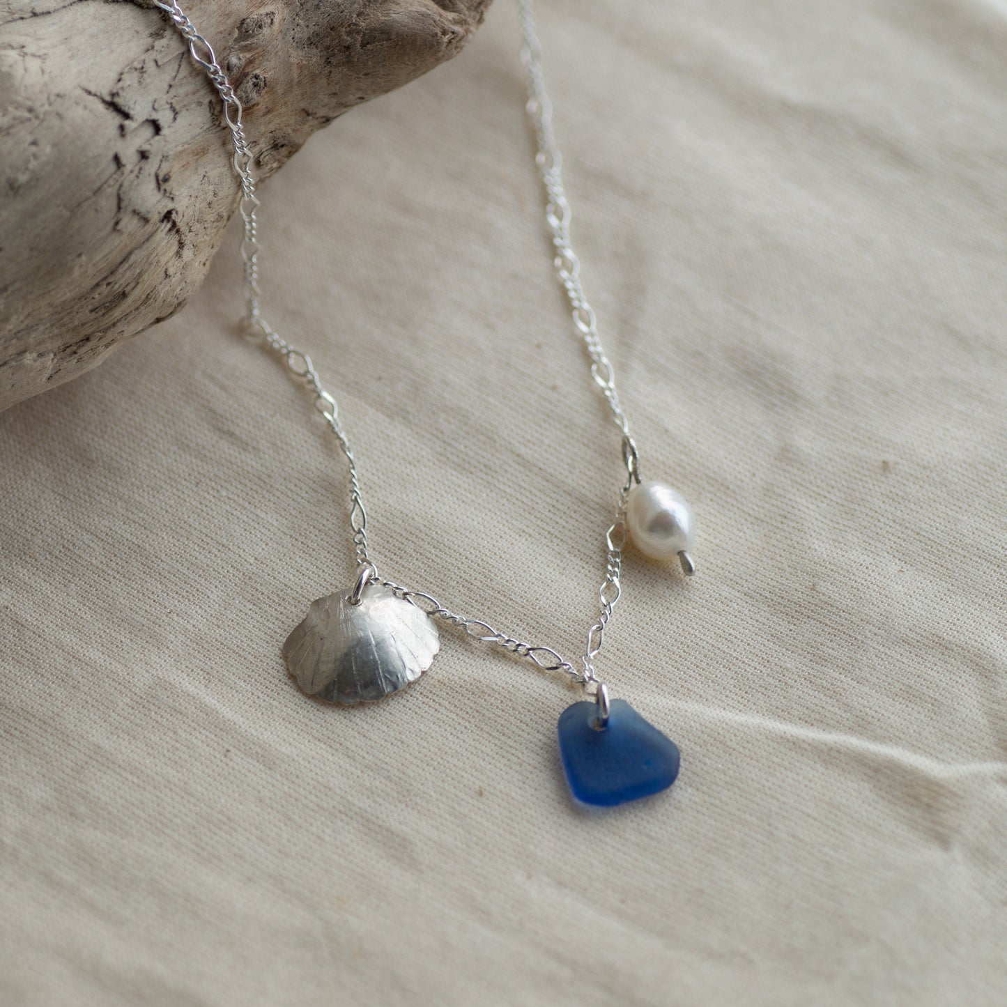 Blue Sea Glass and Freshwater Pearl Sterling Silver Necklace
