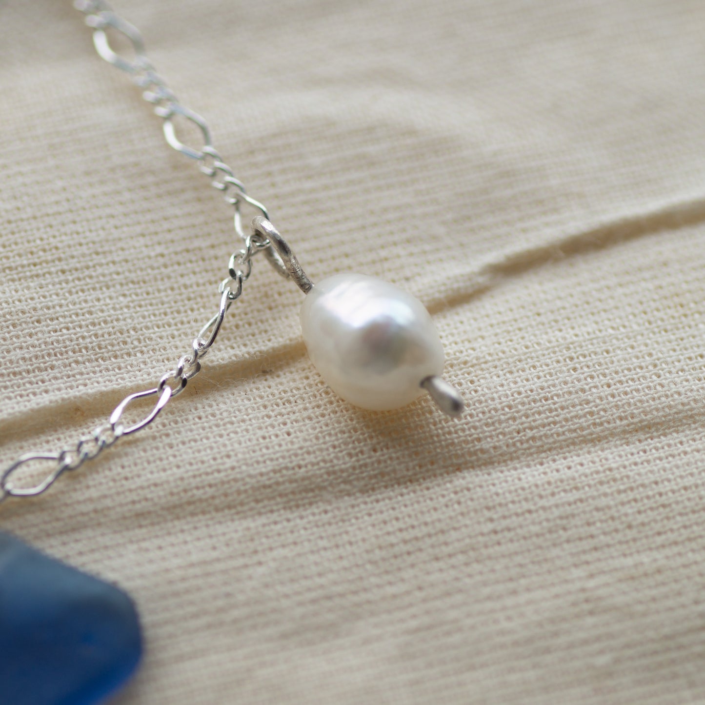 Blue Sea Glass and Freshwater Pearl Sterling Silver Necklace