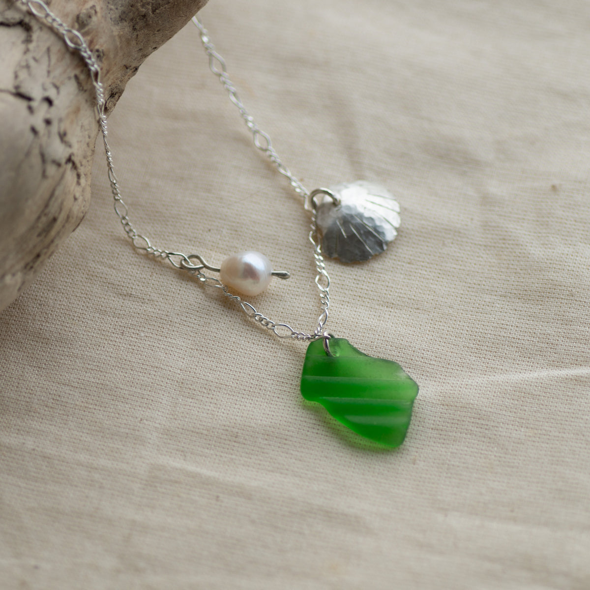 Green Sea Glass and Freshwater Pearl Sterling Silver Necklace