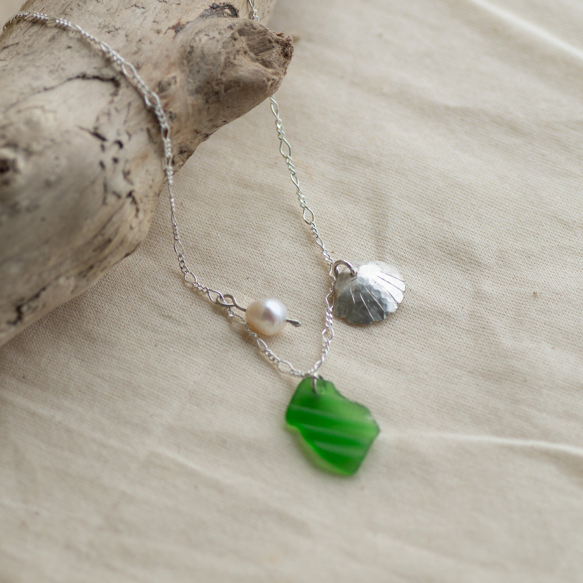 Green Sea Glass and Freshwater Pearl Sterling Silver Necklace