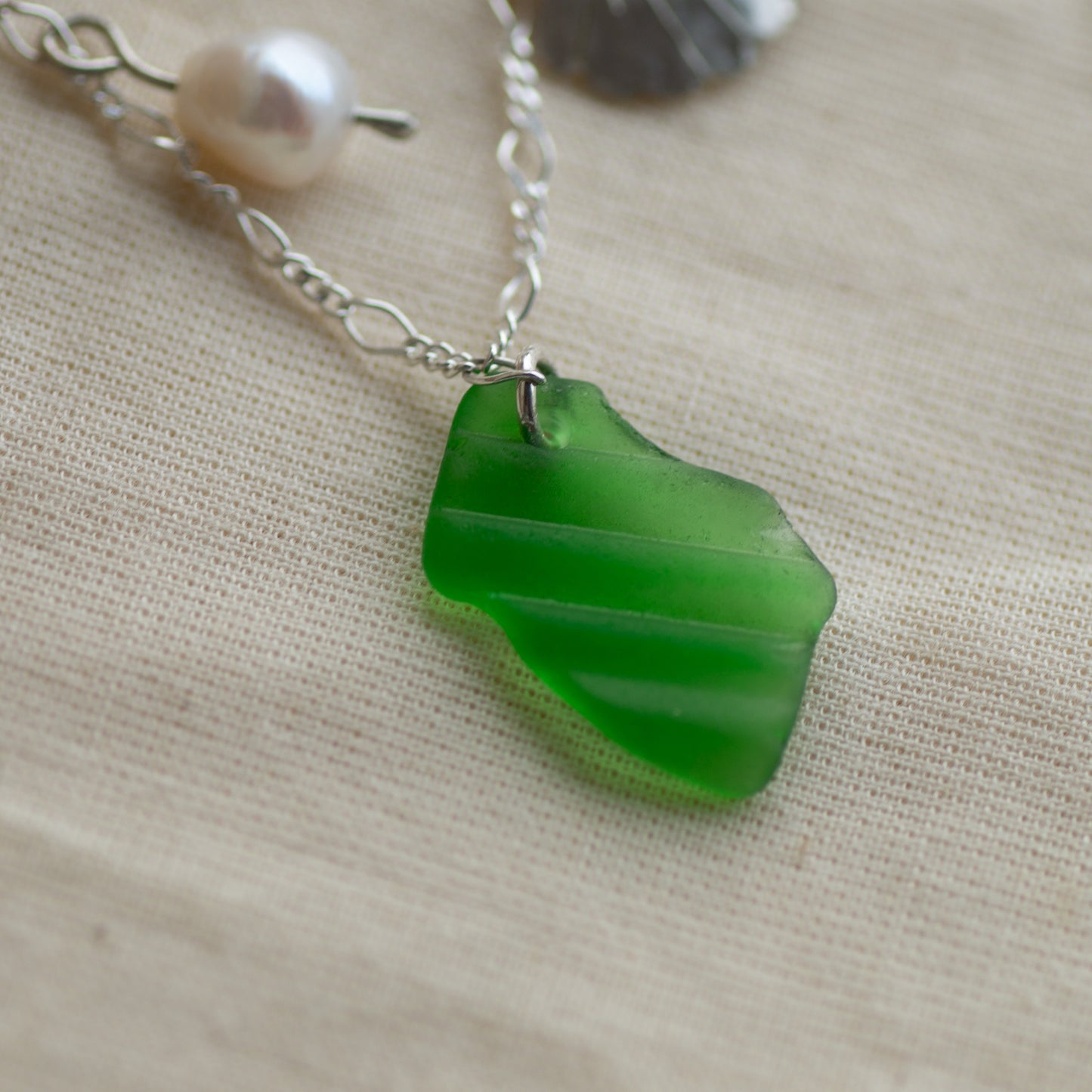 Green Sea Glass and Freshwater Pearl Sterling Silver Necklace