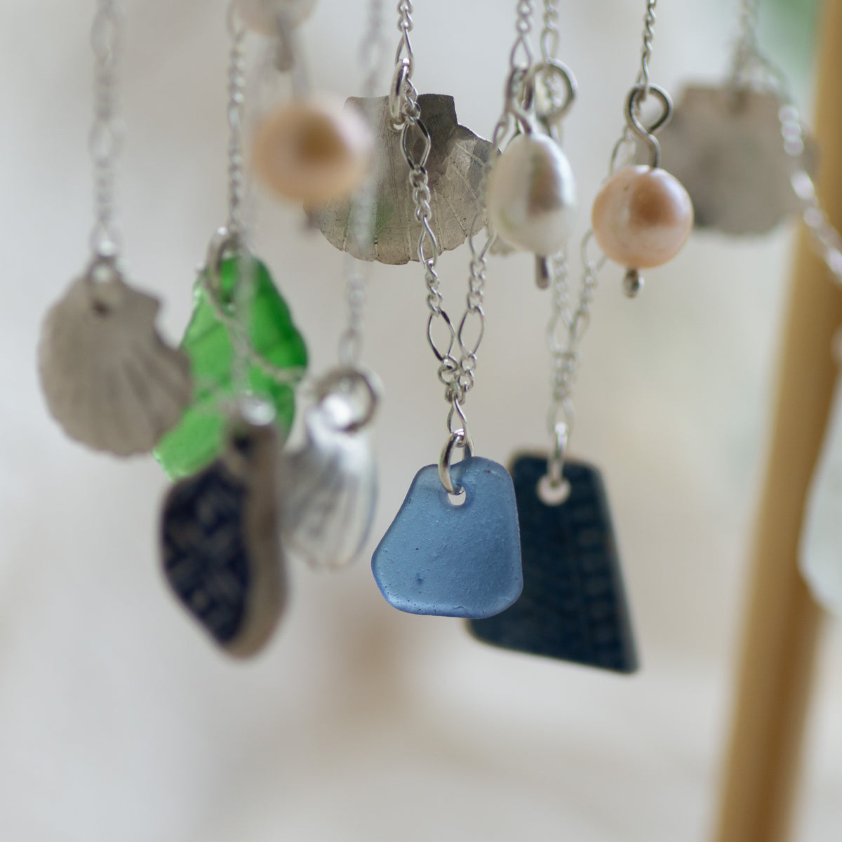 Green Sea Glass and Freshwater Pearl Sterling Silver Necklace