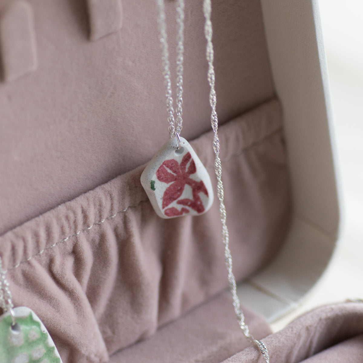 Red Floral Pottery Sherd Sterling Silver Necklace