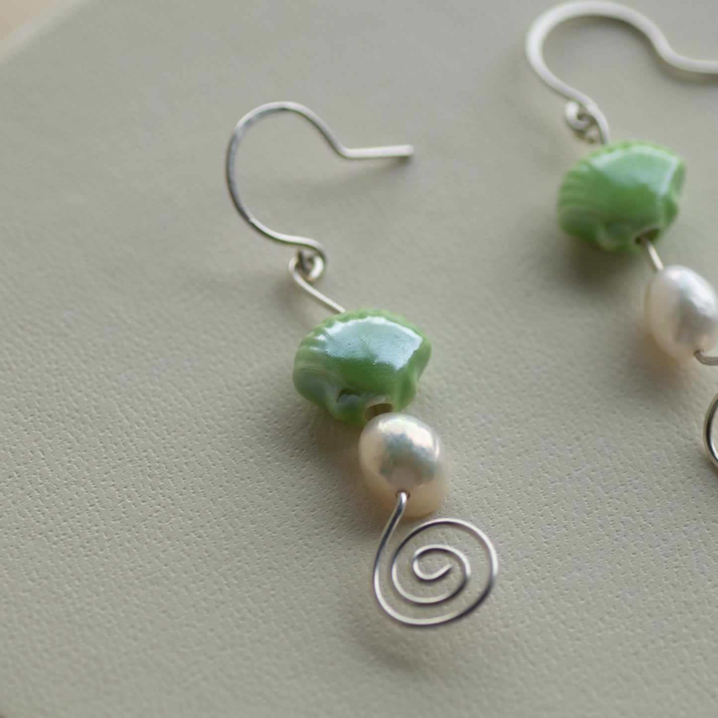 Green Sea Shell and Freshwater Pearl Dangle Earrings