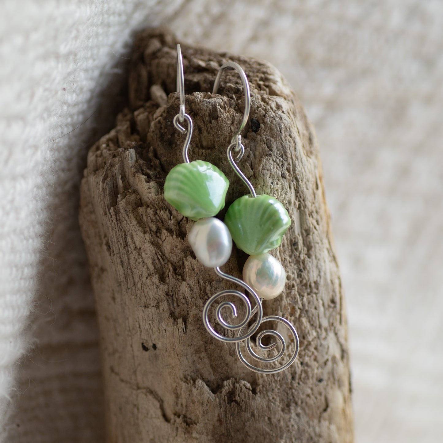 Green Sea Shell and Freshwater Pearl Dangle Earrings