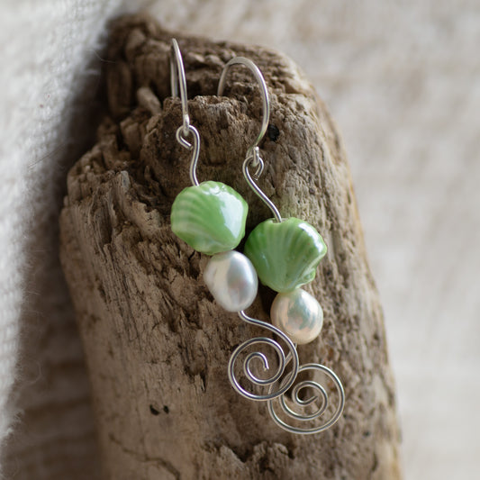 Green Sea Shell and Freshwater Pearl Dangle Earrings