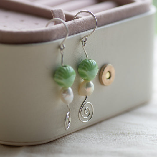 Green Sea Shell and Freshwater Pearl Dangle Earrings
