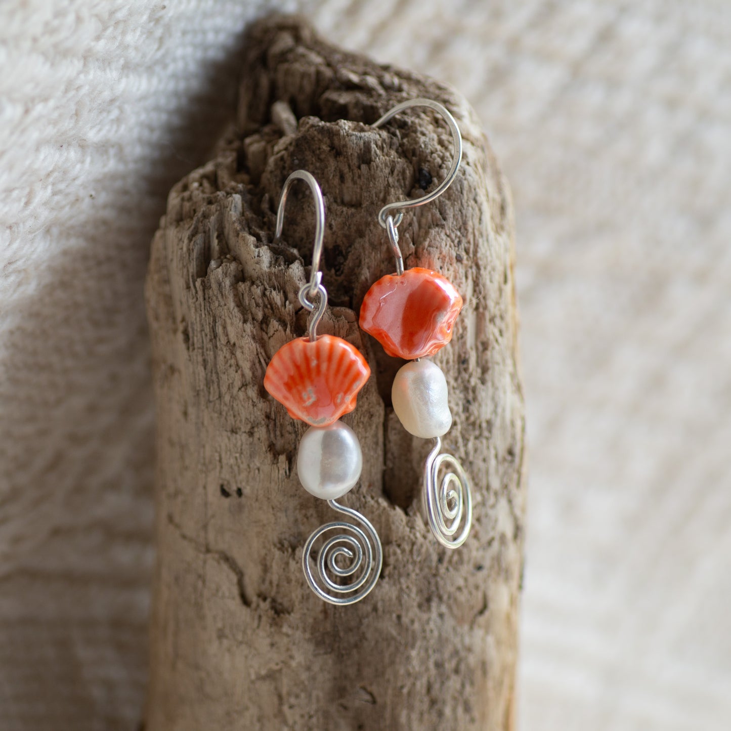 Orange Sea Shell and Freshwater Pearl Dangle Earrings