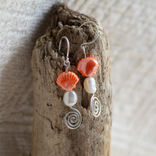 Orange Sea Shell and Freshwater Pearl Dangle Earrings